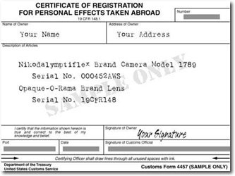 Sample -- U.S. Customs Form 4457